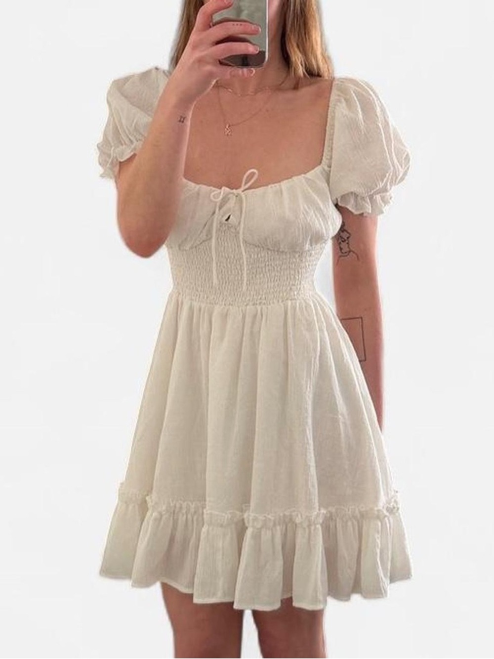 White Puff Sleeve Smocked Mini Dress
